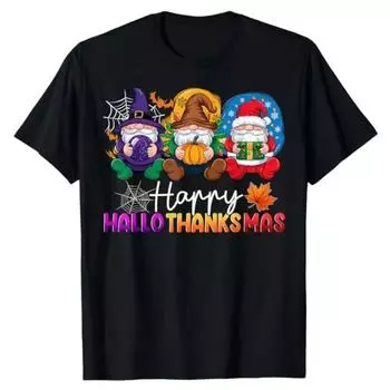 100% cotton TOPS UNISEX TEES MENS WOMENS Halloween Thanksgiving Christmas Happy HalloThanksMas Gnomes Unisex T-Shirt S чёрный