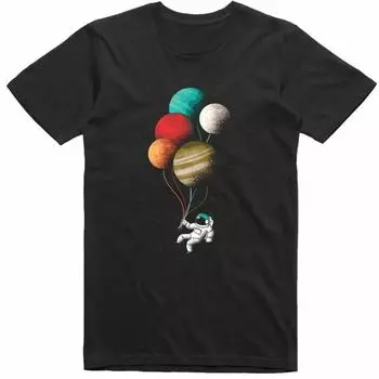 100% cotton TOPS UNISEX TEES MENS WOMENS Spaceman astronaut t shirt Planet Balloons Funny 100% Ring-Spun Cotton Top M чёрный