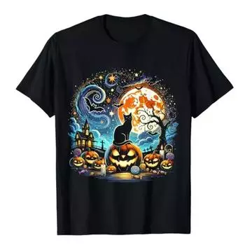 100% cotton TOPS UNISEX TEES MENS WOMENS Van Gogh Starry Night Halloween 2024 Black Cat Pumpkins Bats Unisex T-Shirt S чёрный