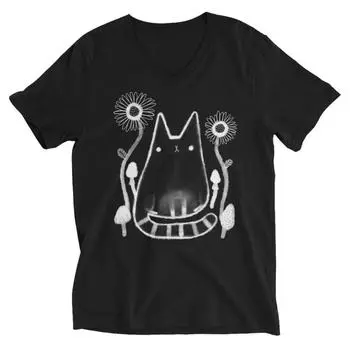 100% cotton TOPS UNISEX TEES MENS WOMENS T-SHIRT Black Cat Sunflower Mushrooms Folk Art Cat Lover Gifts Graphic Tee L чёрный