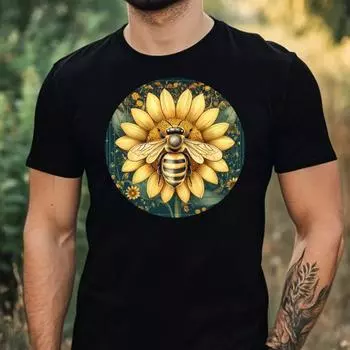 100% cotton TOPS UNISEX TEES MENS WOMENS Biene mit Sonnenblume Motiv Baumwolle Tshirt T-shirt S чёрный