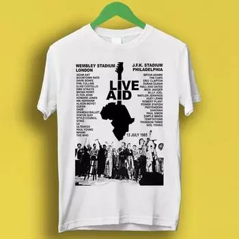 100% cotton TOPS UNISEX TEES MENS WOMENS Live Aid Concert Music Gig Event Live 1985 Wembley 80s Gift Tee T Shirt 1685 S белый