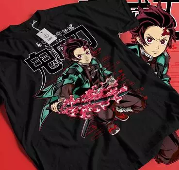100% cotton TOPS UNISEX TEES MENS WOMENS Tanjiro Demon Slayer T-shirt Kimetsu No Yaiba Horror Anime Nezuko Shirt Gift 436 M чёрный