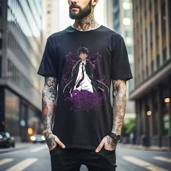 100% cotton TOPS UNISEX TEES MENS WOMENS Solo Leveling T-Shirt Sung Jinwoo Horror Anime Manga Black Gifts Shirt 367 M чёрный