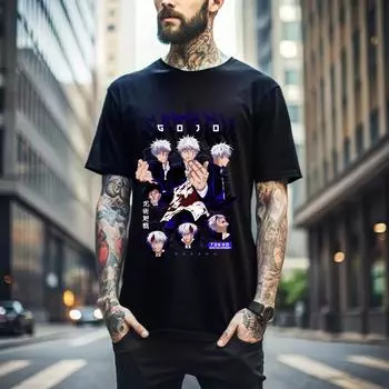 100% cotton TOPS UNISEX TEES MENS WOMENS Gojo Satoru T-Shirt Jujutsu Kaisen best Anime manga lover black t-shirt 027 S чёрный