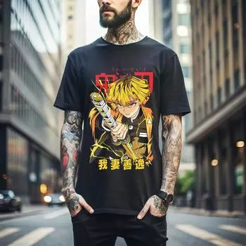 100% cotton TOPS UNISEX TEES MENS WOMENS Agatsuma Zenitsu Shirt Demon Slayer Kimetsu No Yaiba Anime Black Shirt Gift 435 S чёрный