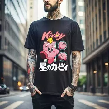 100% cotton TOPS UNISEX TEES MENS WOMENS Kirby T-shirt Kirby Nintendo Retro Gaming Japan T shirt Anime Shirt All Size 428 S чёрный