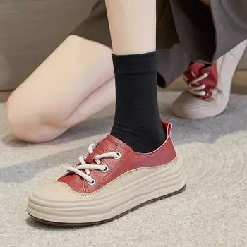 100% Genuine Leather Women Causal Shoes Soft Flat Cow Leather Red Black White Shoes Thick Sole 3.5cm Brand Laides Sneakers D240 35 чёрный
