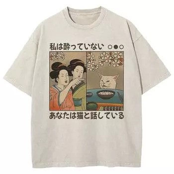 100% Хлопковая Футболка Забавная Футболка с Мультяшным Котом в Японском Стиле Ретро Мужская/женская Футболка Винтажная Оверсайз Топы Минеральной Стирки M