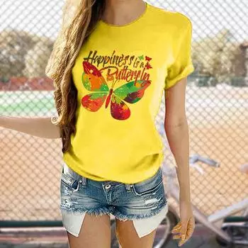 100% хлопок Европа и США Летняя женская футболка с круглым вырезом и принтом бабочек с короткими рукавами Женская футболка Топы большого размера S