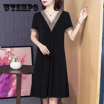 100% хлопок Хепберн, маленькая черная юбка с короткими рукавами, женское летнее французское платье, свободное платье трапециевидной формы для матери L чёрный