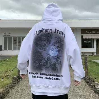 100% хлопок, китайский модный уличный ретро уличный пейзажный принт, тонкий свитер с капюшоном, свободная универсальная куртка для мужчин 2XL белый