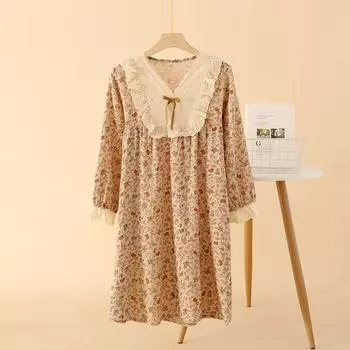 100% хлопок креп ночные рубашки для женщин весна / лето длинные рукава домашние юбки мягкая ретро свободная домашняя одежда тонкие пижамы M