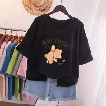 100 хлопок L-5XL плюс размер футболка с принтом кролика футболка с V-образным вырезом короткий рукав женский топ базовые летние пары однотонные футболки L розовый