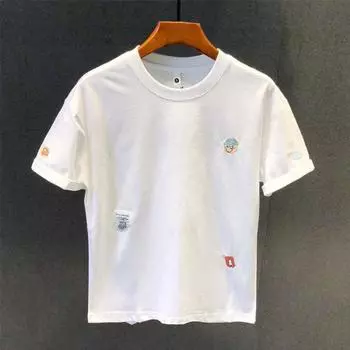 100% хлопок, летняя тонкая футболка с короткими рукавами, мужская вышивка, корейская версия, свободная повседневная футболка с круглым вырезом 2XL белый