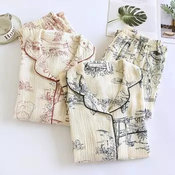 100% хлопок марля летняя женская пижама с рисунком кролика пижамы весенний женский комплект из 2 предметов ночная одежда женская пижама M красный