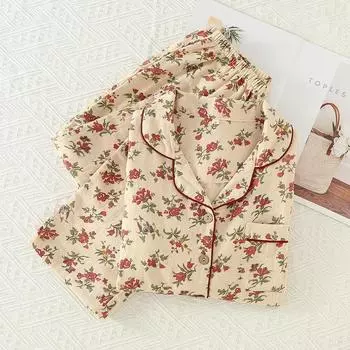 100% хлопок марля весна лето женская домашняя одежда пижамный костюм повседневный цветочный принт 2 шт отложной воротник ночная одежда M