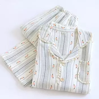 100% хлопок марля женская пижама весна/осень пижамы женский комплект из 2 предметов ночная одежда женская пижама домашняя одежда M