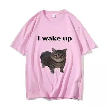 100% хлопок Милые футболки с надписью «Cat L Wake Up» Забавная классическая мужская/женская одежда Эстетическая футболка в стиле Харадзюку Винтажные унисекс уличные футболки S