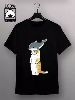 100% хлопок, модные летние женские футболки, повседневные футболки с короткими рукавами и принтом кошки и акулы, футболки с круглым вырезом XL