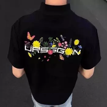 100% хлопок мужская футболка Летняя модная футболка с коротким рукавом и вышитым узором S чёрный