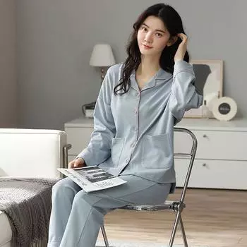 100% хлопок пижама для девочек комплект женская весна осень с длинным рукавом пижама костюм кардиган большой размер свободная повседневная одежда для улицы M