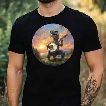 100% хлопок ТОПЫ УНИСЕКС ФУТБОЛКИ МУЖСКИЕ ЖЕНСКИЕ Rex играет на банджо мотив хлопок S чёрный