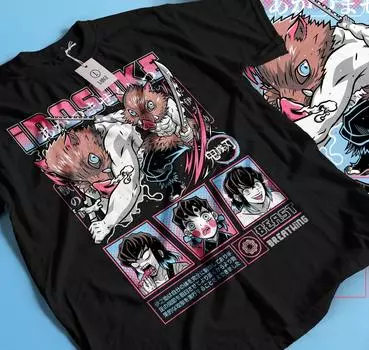 100% хлопок ТОПЫ УНИСЕКС ФУТБОЛКИ МУЖСКИЕ ЖЕНСКИЕ Футболка Иноске Клинок, рассекающий демонов Kimetsu No Yaiba Аниме Манга Подарочная футболка Все размеры326 L чёрный