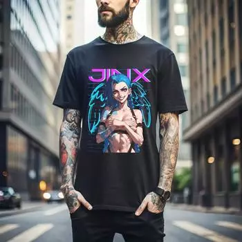 100% хлопок ТОПЫ УНИСЕКС ФУТБОЛКИ МУЖСКИЕ ЖЕНСКИЕ Футболка Jinx Arcane Японское Аниме Мультфильм Jinx Arcane Графическая Футболка Вайфу 102 S чёрный