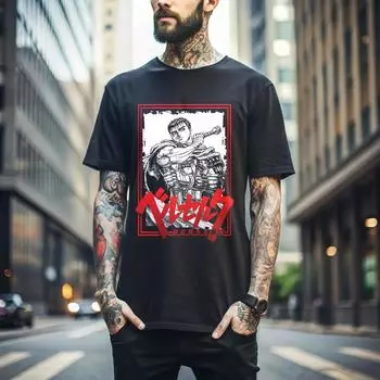 100% хлопок ТОПЫ УНИСЕКС ФУТБОЛКИ МУЖСКИЕ ЖЕНСКИЕ Футболка Berserk, Футболка с японским аниме, Футболка с аниме мангой, Модная футболка Аниме 235 S чёрный