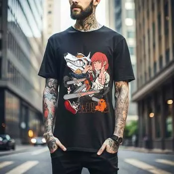 100% хлопок ТОПЫ УНИСЕКС ФУТБОЛКИ МУЖСКИЕ ЖЕНСКИЕ Футболка Человек-бензопила Дэндзи и Макима Футболка Аниме Манга Футболка Почита 532 S чёрный