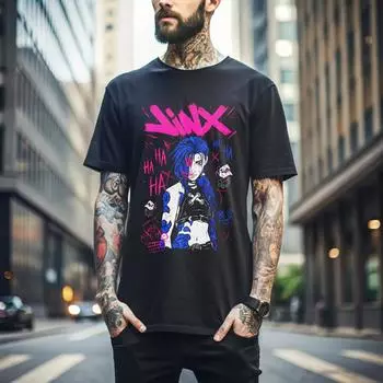 100% хлопок ТОПЫ УНИСЕКС ФУТБОЛКИ МУЖСКИЕ ЖЕНСКИЕ Футболка Jinx Arcane Японское аниме мультфильм Jinx Arcane Графическая рубашка Подарок 286 S чёрный