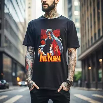 100% хлопок ТОПЫ УНИСЕКС ФУТБОЛКИ МУЖСКИЕ ЖЕНСКИЕ Инуяша Сессёмару Футболка Красная Луна Ину Яша Каваи Аниме Футболка Хоррор 300 M чёрный