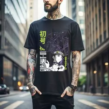 100% хлопок ТОПЫ UNISEX ФУТБОЛКИ МУЖСКИЕ ЖЕНСКИЕ Аниме Футболка Neon Genesis Evangelion Ева Подразделение 01 Японская Черная Футболка 520 S