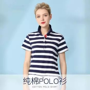 100% Хлопок Женская Летняя Полосатая Рубашка Поло Женская Футболка с Коротким Рукавом Свободного Кроя с Лацканами Модная Футболка из Чистого Хлопка Женская Рубашка Поло с Коротким Рукавом Blue Bar M