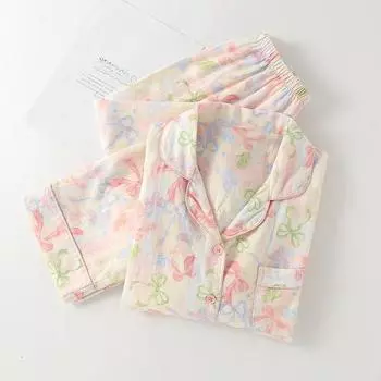 100% хлопок женская пижама брюки с длинным рукавом с двухслойной марлей тонкий кардиган пижама для удобной домашней одежды M