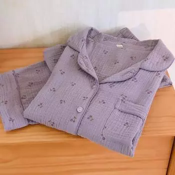 100% хлопок женская пижама осень весна с длинным рукавом мягкая пижама с принтом вишни женский домашний ночной комплект кардиган M