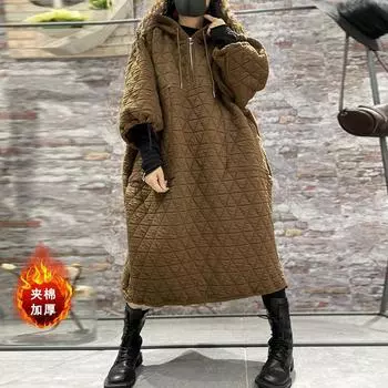 100 кг большого размера женская зимняя хлопковая одежда женский свитер с капюшоном зимняя юбка женское бархатное утолщенное зимнее платье L [100-75kg] темно-коричневого