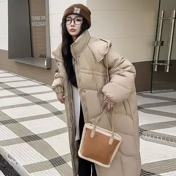 100 кг можно носить длинный пуховик женский 2024 зимняя утолщенная большого размера свободная выше колена большая стеганая куртка One Size слоновая кость