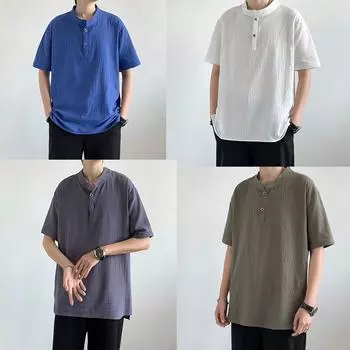 100% льняная рубашка с широким рукавом, мужская летняя дышащая повседневная одежда, свободные повседневные рубашки с воротником-стойкой и закрывающим голову воротником S синий