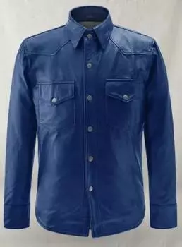 100% овчина классическая синяя рубашка из чистой кожи формальная стильная мужская повседневная ручная работа XS синий