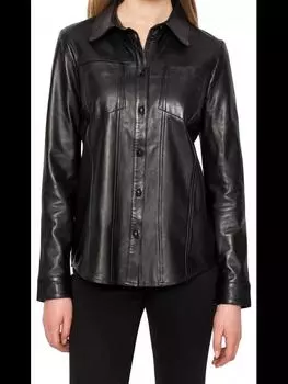 100% овечья кожа дизайнерская ручная работа подлинная рубашка черная повседневная стильная женская S чёрный