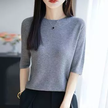 100% Lessel Tencel off-Neck Knitted Short sleeve Women Solid Summer Loose Top Half Sleeve All-Match Bottoming Fashion Foreign gas Ash M(45.00 kg-52.50 kg)
