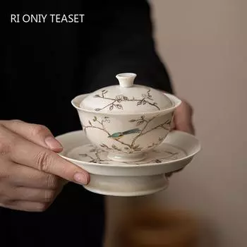 100 мл китайская расписанная вручную керамическая гайвань с цветами и птицами, фарфоровая чашка ручной работы, бытовая пиала для чая, дорожный портативный чайный набор 12.2x9.3cm 100ml