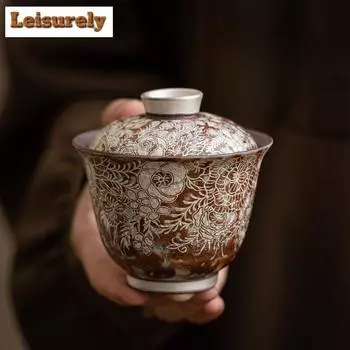 100 мл ретро старая скала глиняная гайвань дзен цветок позолоченное серебро грубая керамика чай супница бытовая заварка для чая крышка чаша чайный сервиз ремесло
