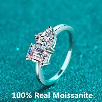 100% муассанит изумрудной огранки и сердца, муассанит D, цвет 2 карата, белое золото 18 карат, кольцо из стерлингового серебра, роскошные обручальные кольца 5