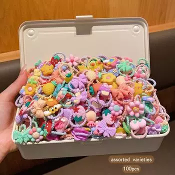 100 мультяшных милых резинок для волос, со случайными сладкими колечками для волос, подходящих для ежедневного использования в качестве аксессуаров для волос (коробка - это съемка