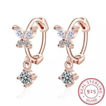 100% настоящее серебро 925 пробы с чистым кубическим цирконием, модные серьги-кольца в виде бабочки из розового золота для женщин, серьги для пирсинга, ювелирные изделия серебряный