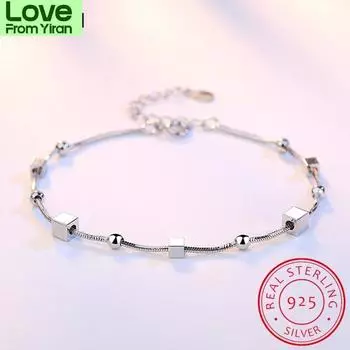 100% настоящие чистые 925 пробы серебряные бусины цепочка коробка куб подвески браслеты для женщин свадебные украшения бижутерия