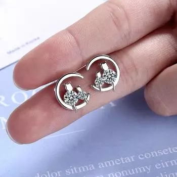 100% настоящие чистые серебряные серьги 925 пробы с луной, кубическим цирконием, кошками, серьги-гвоздики для женщин, корейские серьги, новые ювелирные украшения